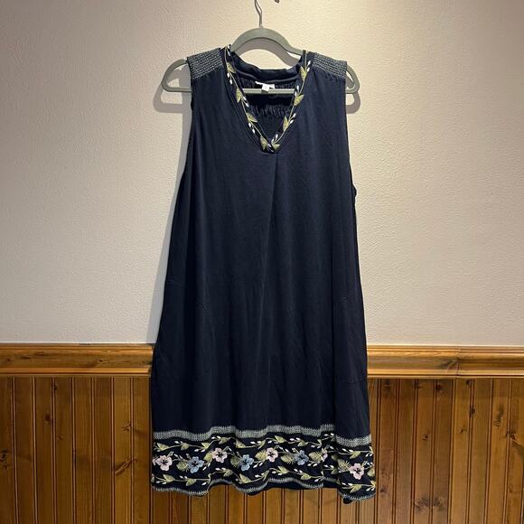 J Jill Sleeveless Embroidered Dress Sz XL Navy Blue Floral Casual Summer - Picture 1 of 5